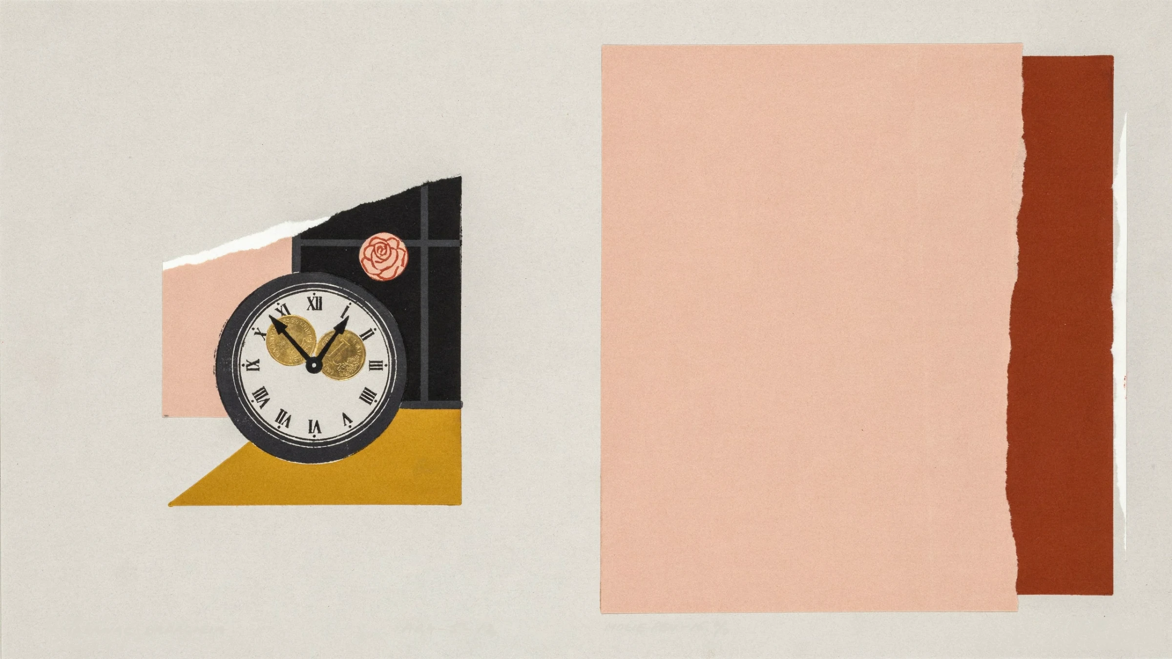 Screenprint collage: a night clock whose hands are gold coins, beside a dark window and a rose moon
