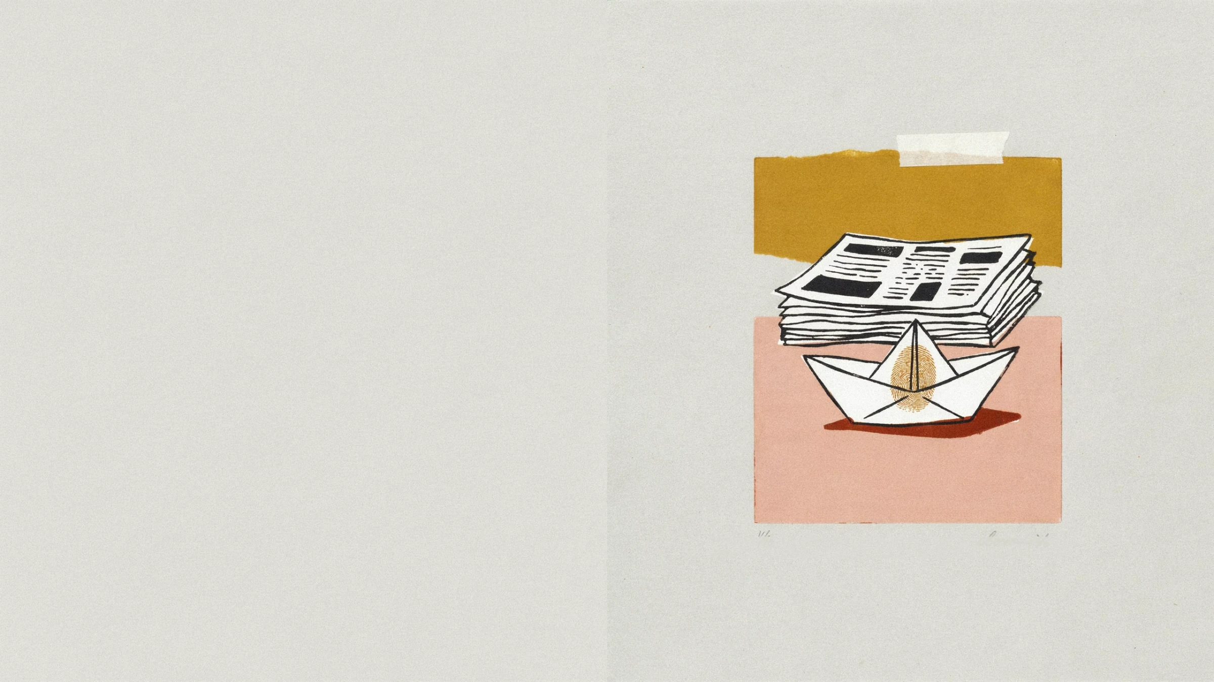 Screenprint collage: stacked printed pages and a paper boat with a gold fingerprint on its sail