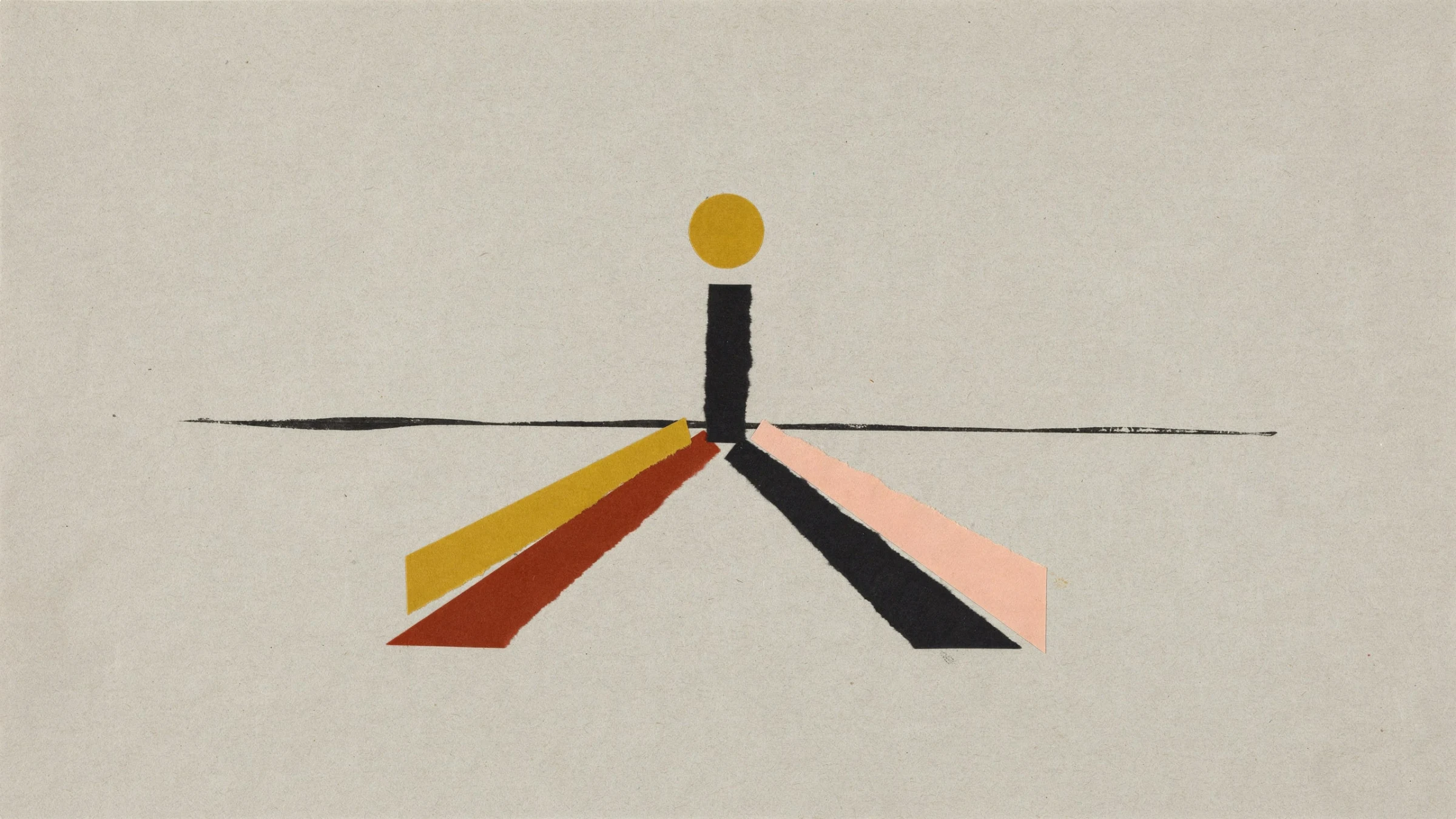 Screenprint collage: one path splitting into four coloured paths under a gold sun, a map of possible futures