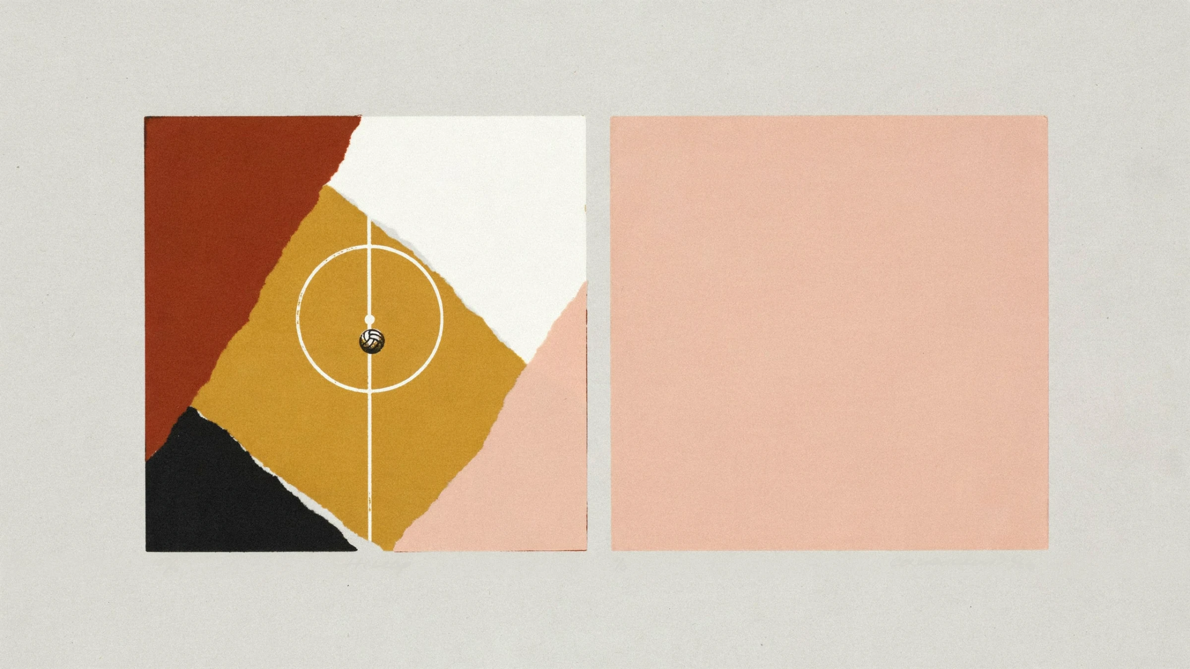Siebdruck-Collage: ein Spielfeld von oben, die zweite Hälfte in Gold und Rosa, ein Ball auf dem Anstoßpunkt