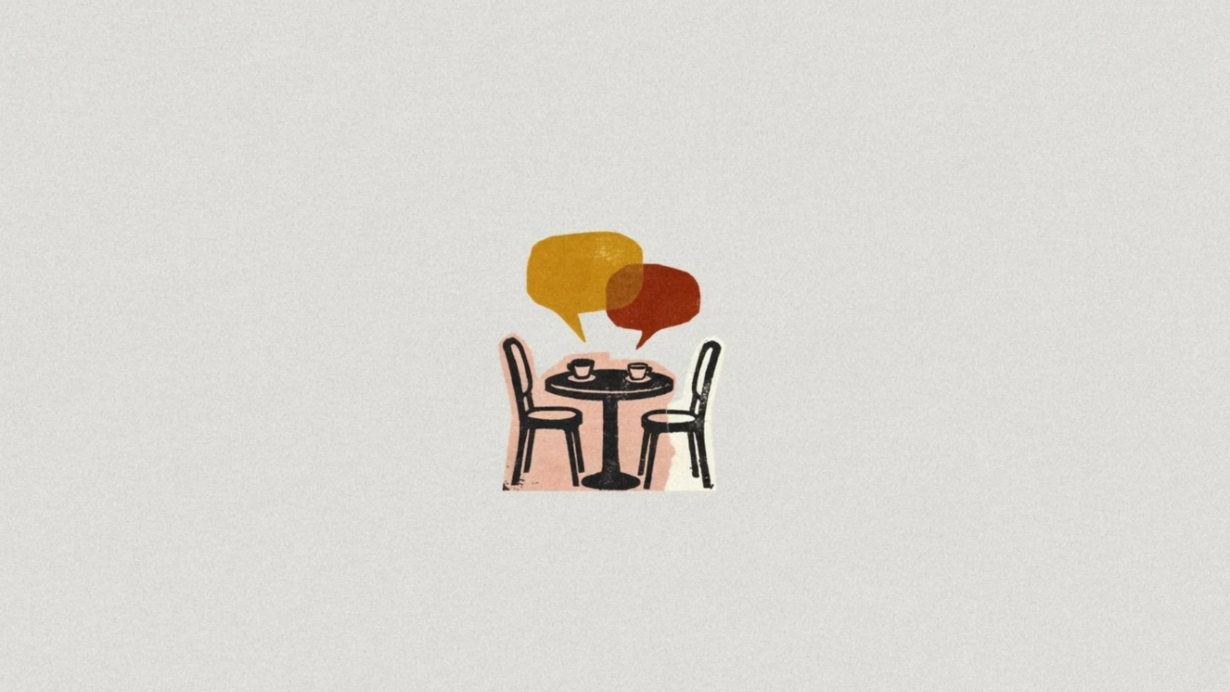 Screenprint collage: a café table with two chairs and two cups, speech shapes merging above