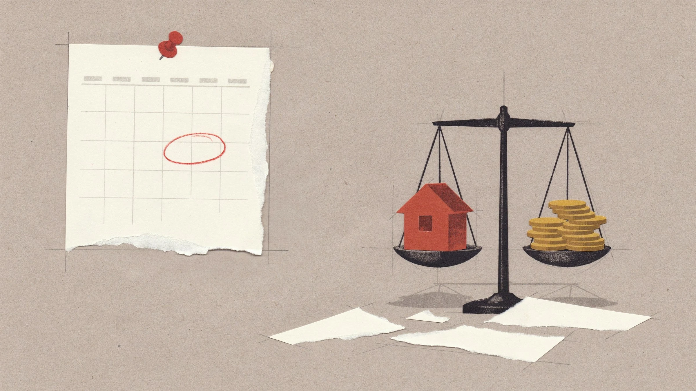 Collage in grey, rust red and gold: a calendar page pinned to the wall with one date circled in red, beside a balance scale holding a small red paper house and a stack of gold coins.