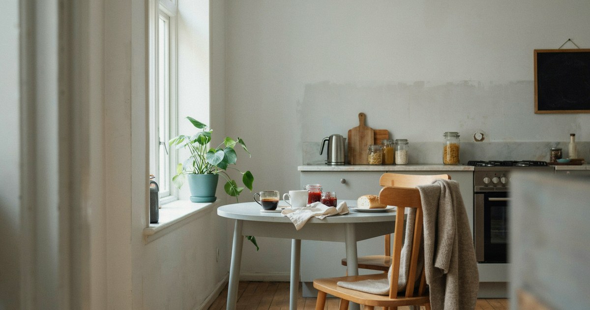 Ein leerer Stuhl am bewohnten Küchentisch, redaktionelles KI-Symbolbild.