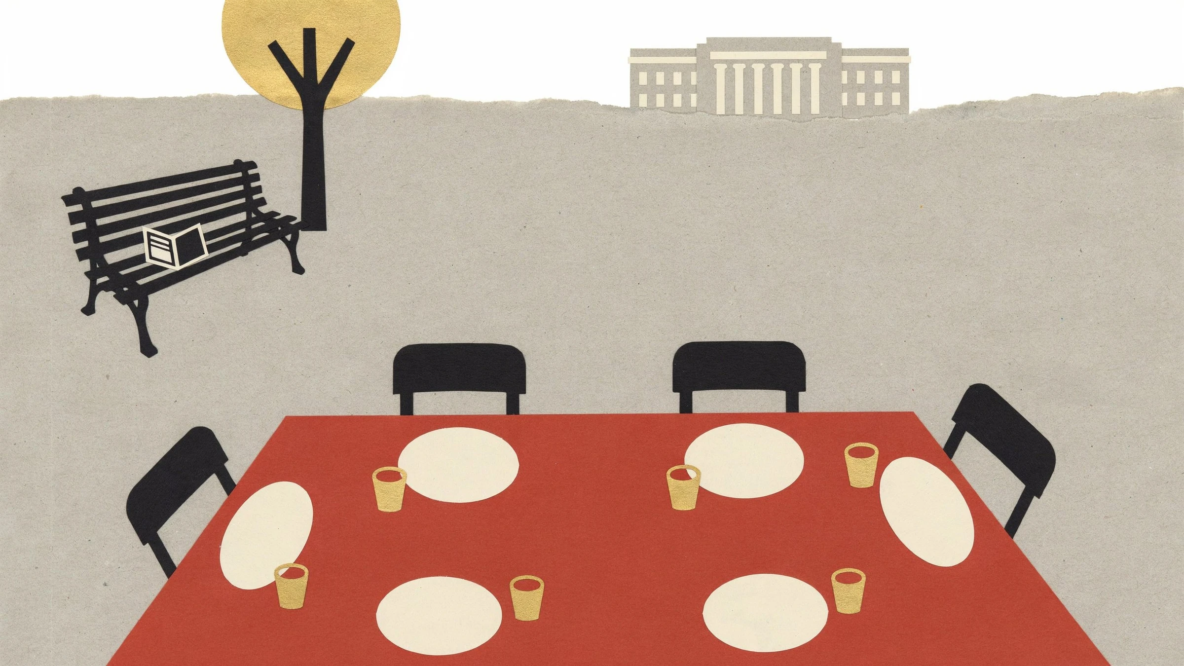 Collage-Illustration: ein langer rostroter Tisch mit cremefarbenen Tellern und goldenen Bechern von oben, daneben eine schwarze Parkbank mit einem offenen Portemonnaie und ein Baum mit goldener Krone, weit hinten ein kleines graues Parlamentsgebäude.