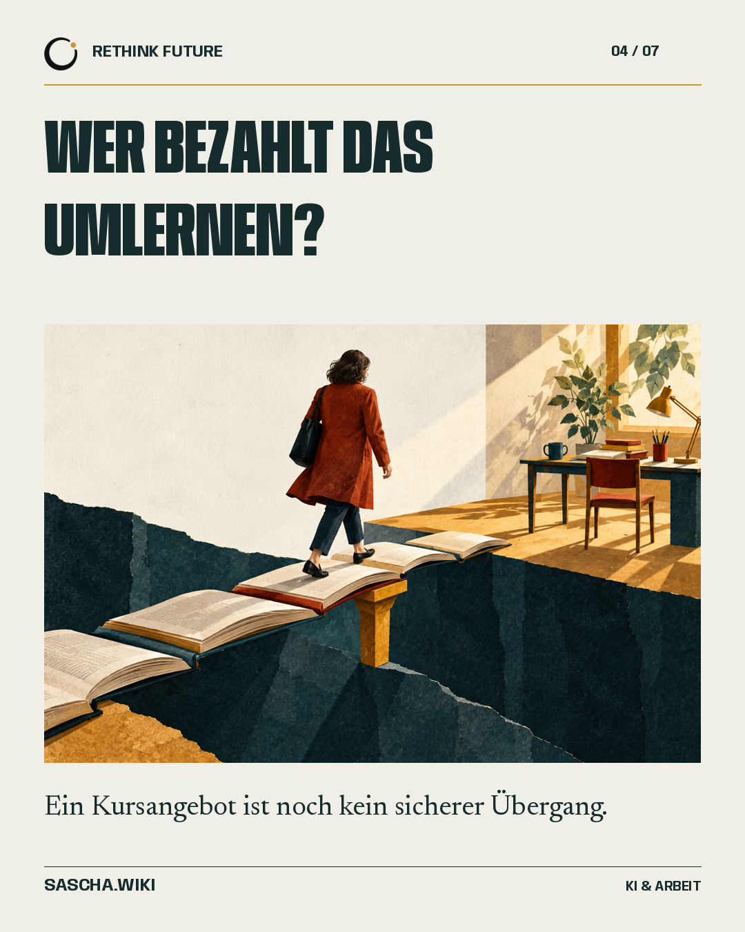 Eine erwachsene Person mit rostfarbenem Mantel geht über eine Brücke aus Büchern zu einem hellen Arbeitsraum. Eine goldene Stütze trägt die Brücke.
