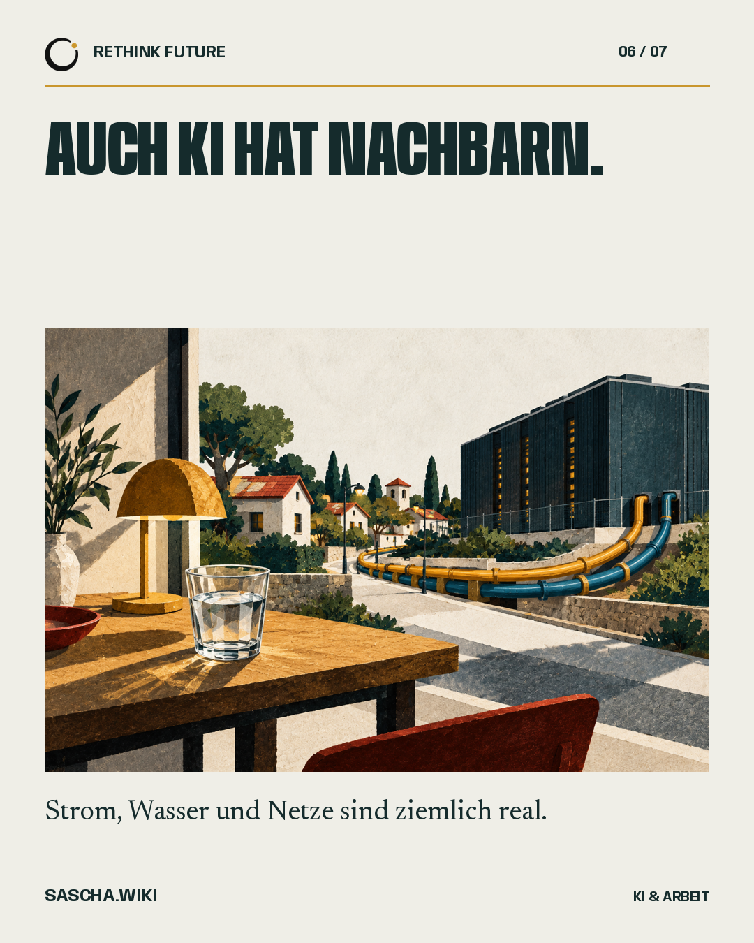 Eine Tischlampe und ein Wasserglas vor kleinen Häusern. Ein goldenes Stromkabel und eine blaue Leitung verbinden sie mit einem Rechenzentrum.