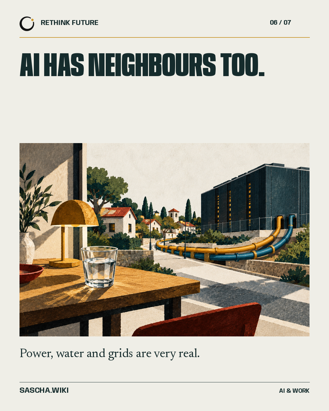 A table lamp and a glass of water in front of small houses, with a golden power cable and blue pipe leading to a data centre.