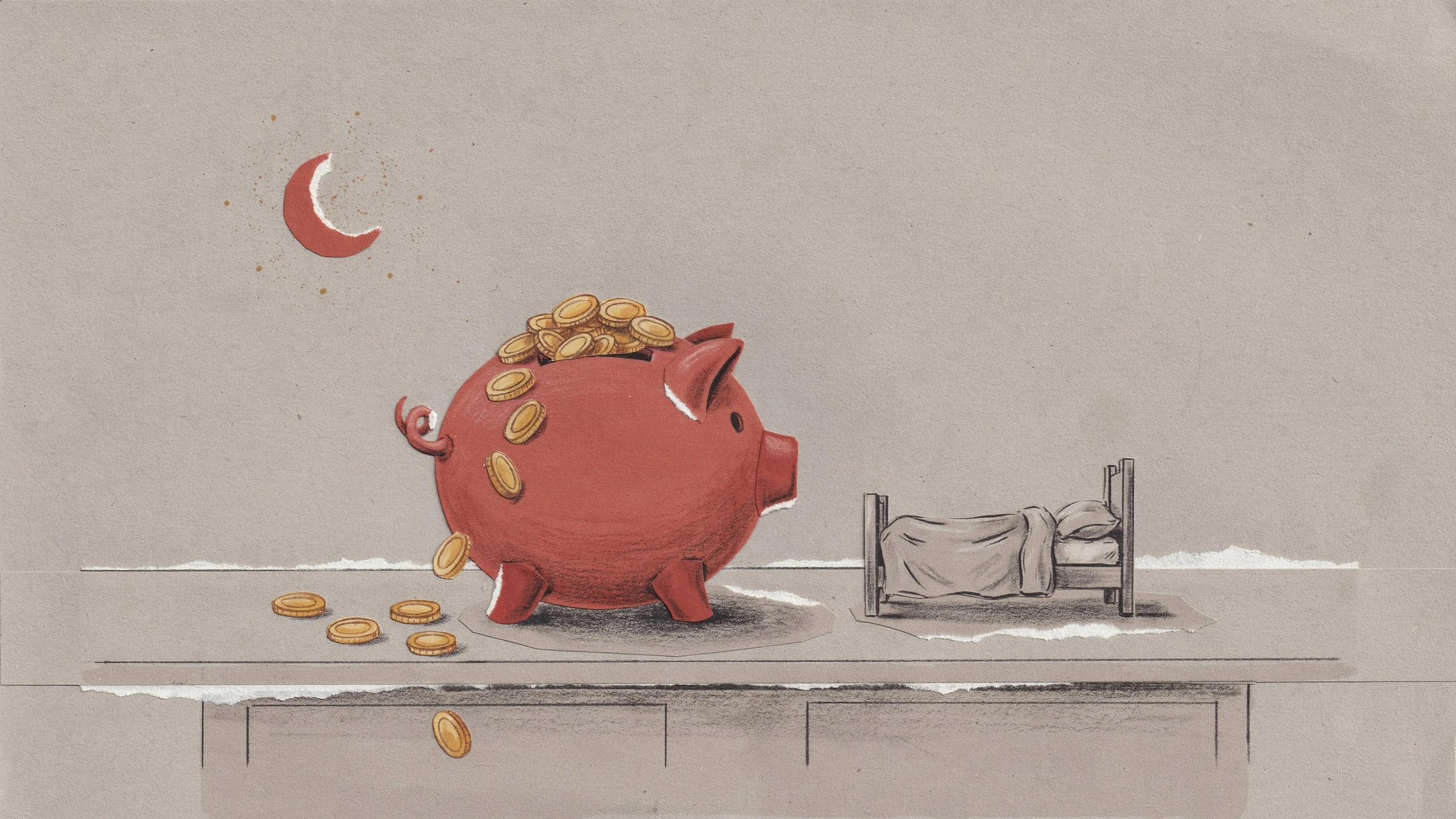 Collage in Grau, Rostrot und Gold: ein rotes Sparschwein, aus dem Goldmünzen quellen, auf einer Kommode, darüber eine kleine rote Mondsichel, daneben ein kleines leeres Bett.