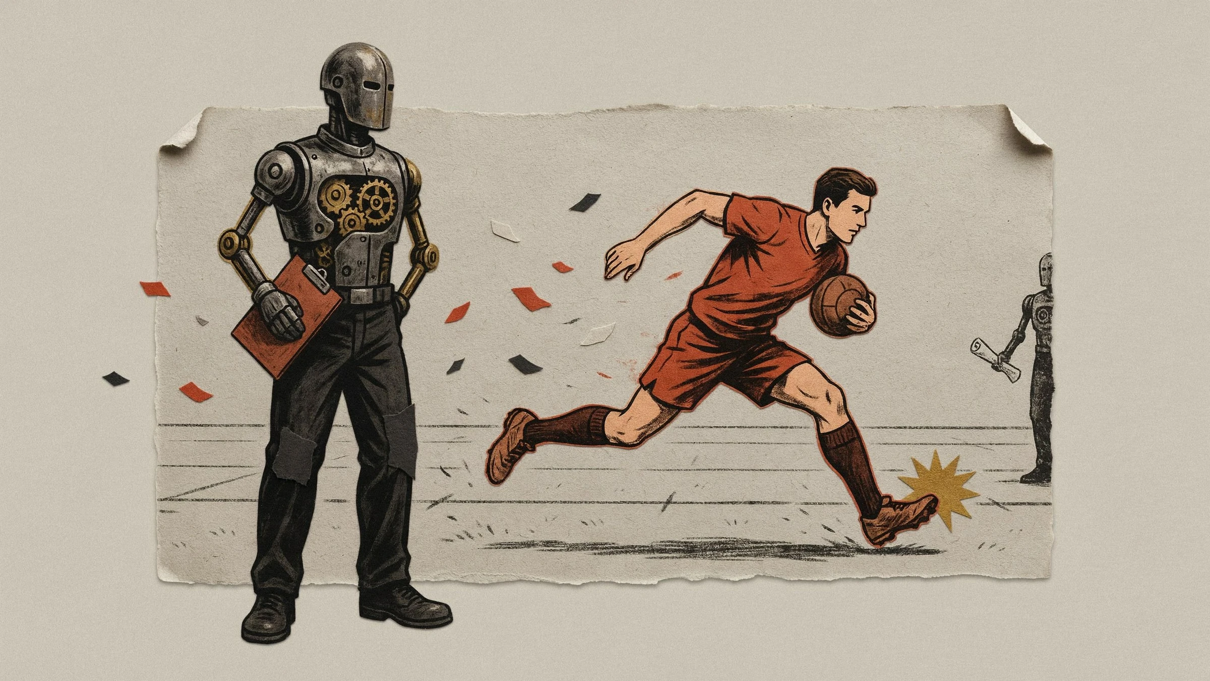 Collage-Illustration: Ein maschinenhafter Trainer mit Klemmbrett steht am Spielfeldrand, während ein menschlicher Spieler in Rostrot mit dem Ball über das Feld läuft.