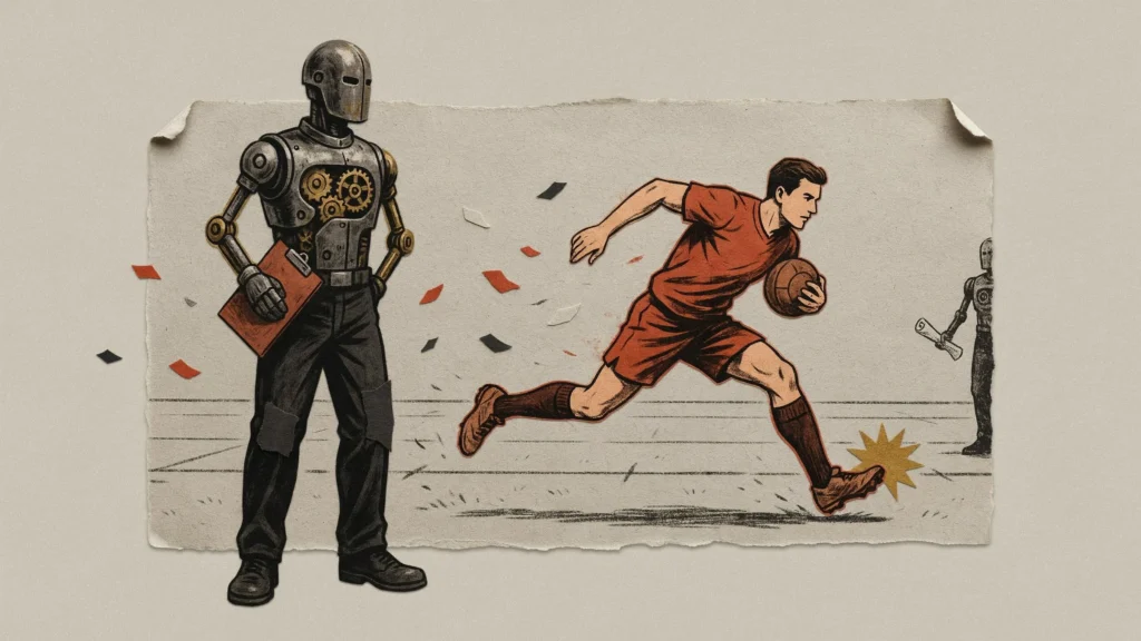 Collage illustration: a machine-like coach with a clipboard stands at the sideline while a human player in rust red runs across the pitch with the ball.
